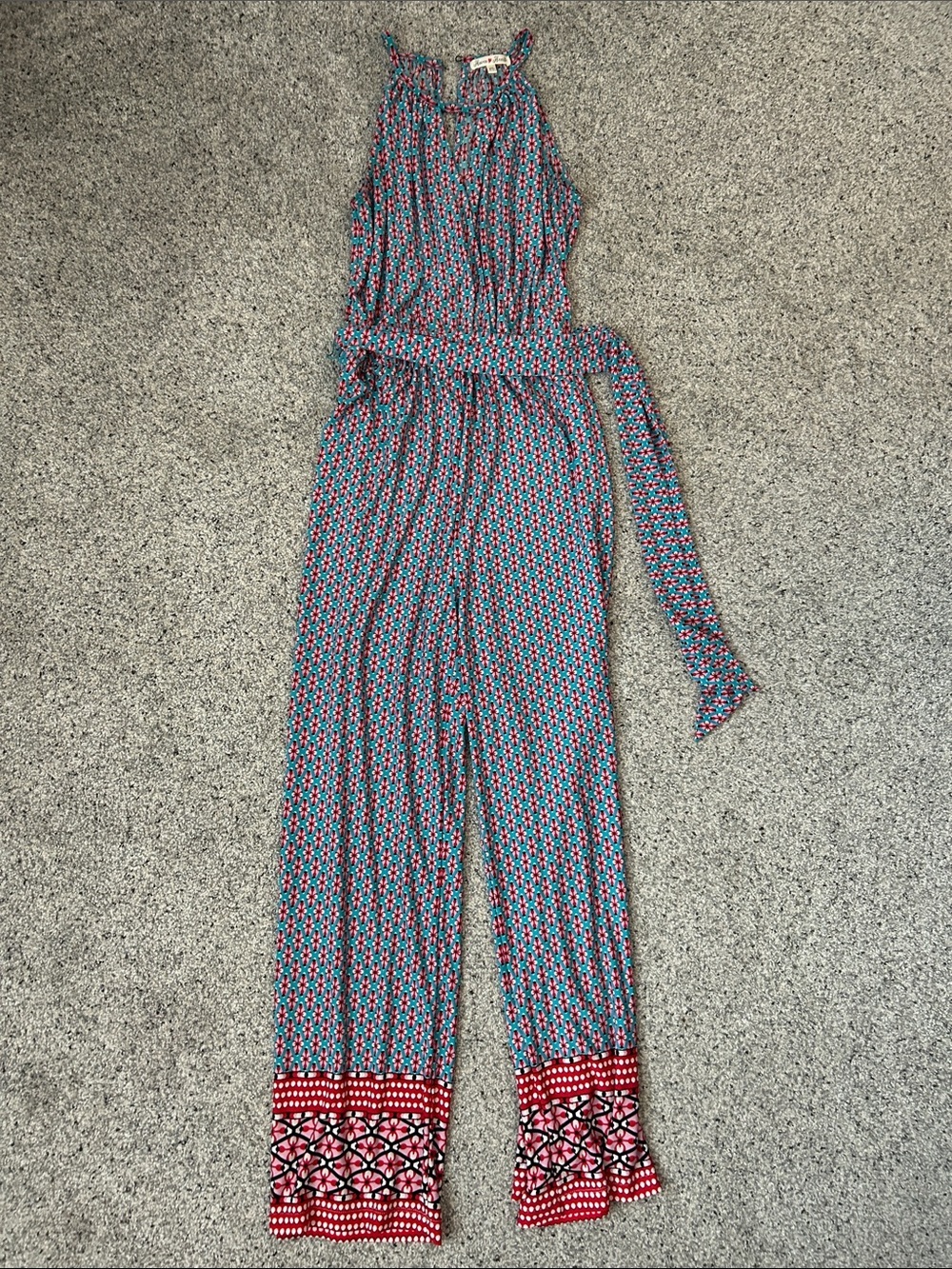 Printed Halter Jumpsuit with Self-Tie Belt in Teal & Red